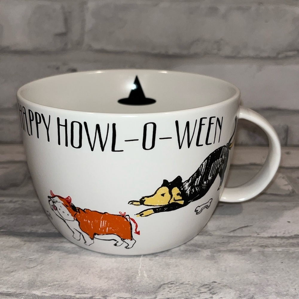 Happy Howl-o-Ween trick or treat dog coffee mug ROSANNA white vintage